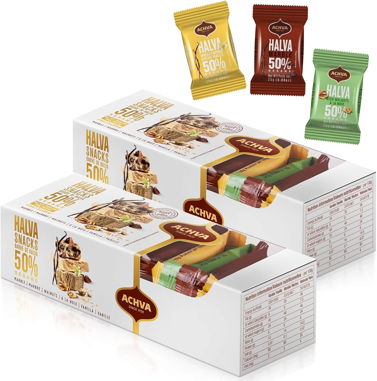 Variety Pack of Halvah Marble, Vanilla, and Walnut Israel Candy Bars– Vegan-Friendly, Certified Kosher Snacks with No Dairy or Gluten by Achva, 25 g. Each (2 Pack)