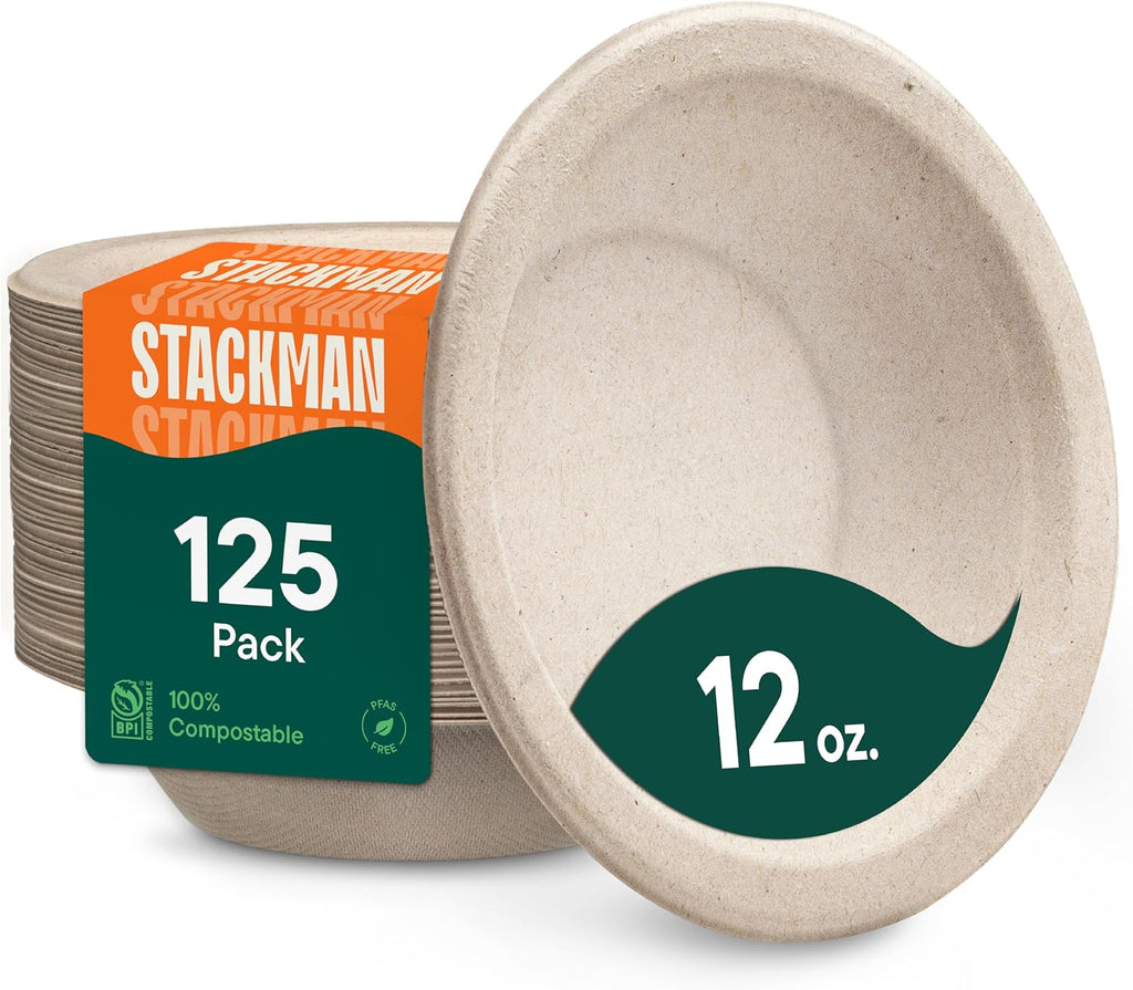 Stack Man Paper Bowls, 100% Compostable Disposable Soup Bowl [125-Pack] 12 oz. Heavy Duty, Eco-Friendly, Biodegradable Bagasse Hot Food Plates and Bowls - Natural Brown (BPI Certified) (PFAS-Free)