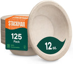 Stack Man Paper Bowls, 100% Compostable Disposable Soup Bowl [125-Pack] 12 oz. Heavy Duty, Eco-Friendly, Biodegradable Bagasse Hot Food Plates and Bowls - Natural Brown (BPI Certified) (PFAS-Free)