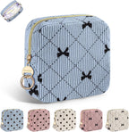 Period Bag for Teen Girls, Corduroy Cute Sanitary Napkin Storage Bag, Menstrual Pad Tampon Holder for Purse (Blue-Bow Tie)