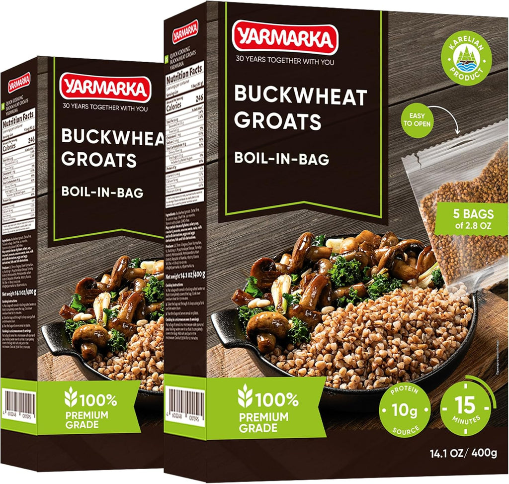 Yarmarka Boil-in-Bag Buckwheat Groats, 5 x 80g (Pack of 2) Hulled Whole Grain Kasha, Natural and Pure, Raw Toasted Buckwheat, Quick-Cook Meal