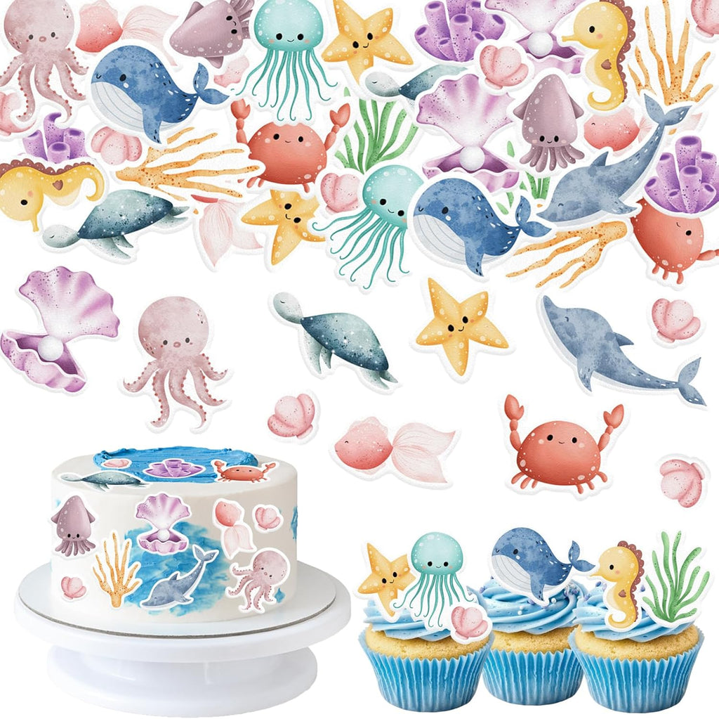 45pcs Edible Ocean Animal Cupcake Toppers Wafer Paper Under the Sea Theme Birthday Cake Decorations Turtles Octopus Seahorse Cupcake Picks for Ocean Creature Theme Birthday Party Decor