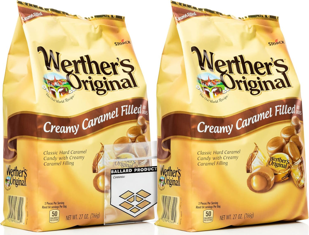 Werther's Original Creamy Caramel Filled Pack of 2 - Bulk Bags of Hard Candy Individually Wrapped (27 oz) Each - Werthers Caramel Filled Candy - Bundle with Ballard Products Pocket Bag