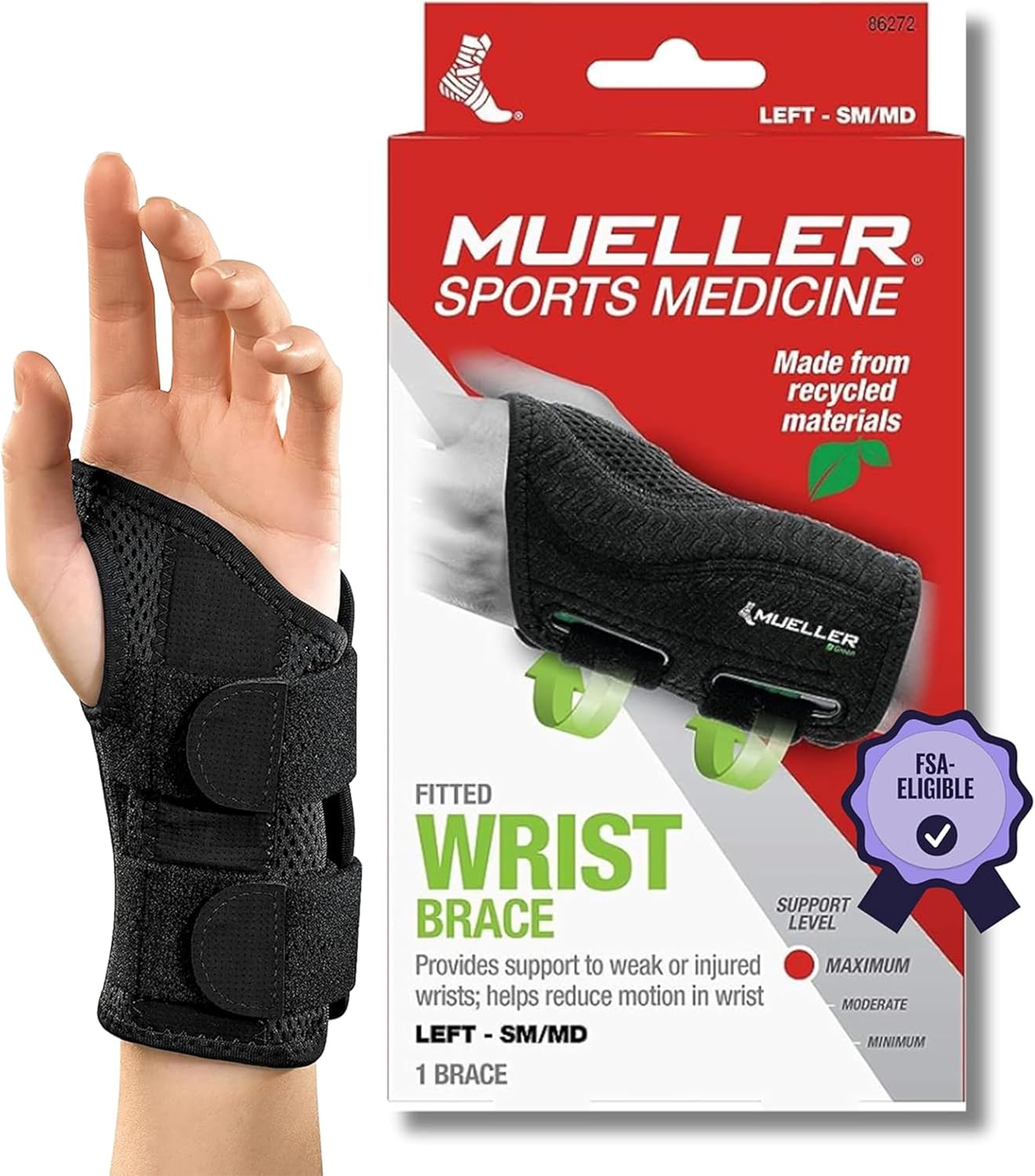 MUELLER Sports Medicine Green Fitted Wrist Brace for Men and Women, Wrist Pain Relief Support, Ideal for Carpal Tunnel, Tendonitis, Arthritis, Left Hand, Black, Small/Medium