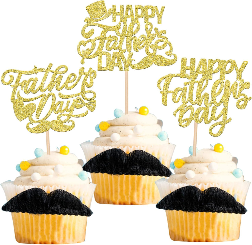 24 Pack Happy Father's Day Cupcake Toppers with Glitter Best Dad Cupcake Picks Love Dad Moustache Hat Cake Decorations for Father's Day Theme Men Birthday Party Supplies Gold