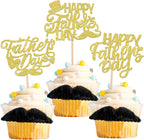 24 Pack Happy Father's Day Cupcake Toppers with Glitter Best Dad Cupcake Picks Love Dad Moustache Hat Cake Decorations for Father's Day Theme Men Birthday Party Supplies Gold