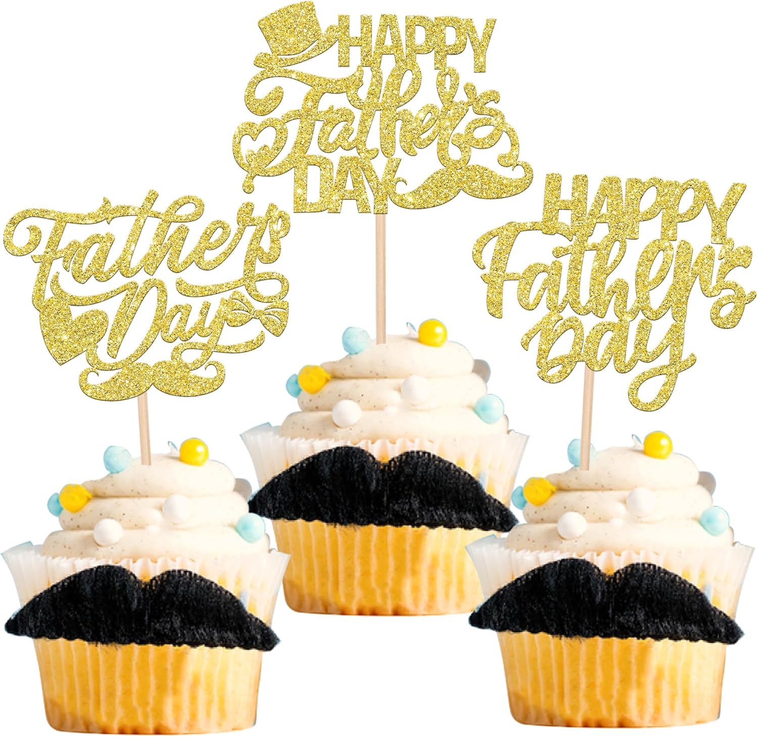 24 Pack Happy Father's Day Cupcake Toppers with Glitter Best Dad Cupcake Picks Love Dad Moustache Hat Cake Decorations for Father's Day Theme Men Birthday Party Supplies Gold