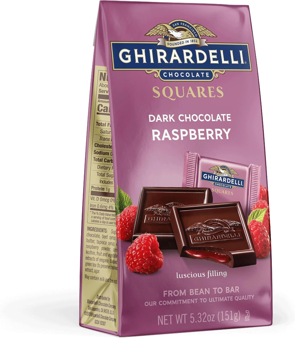 GHIRARDELLI Dark Chocolate Raspberry SQUARES, 5.32 oz Bag Premium Individually Wrapped Chocolate Candy Rich Dark Chocolate with Raspberry Filling