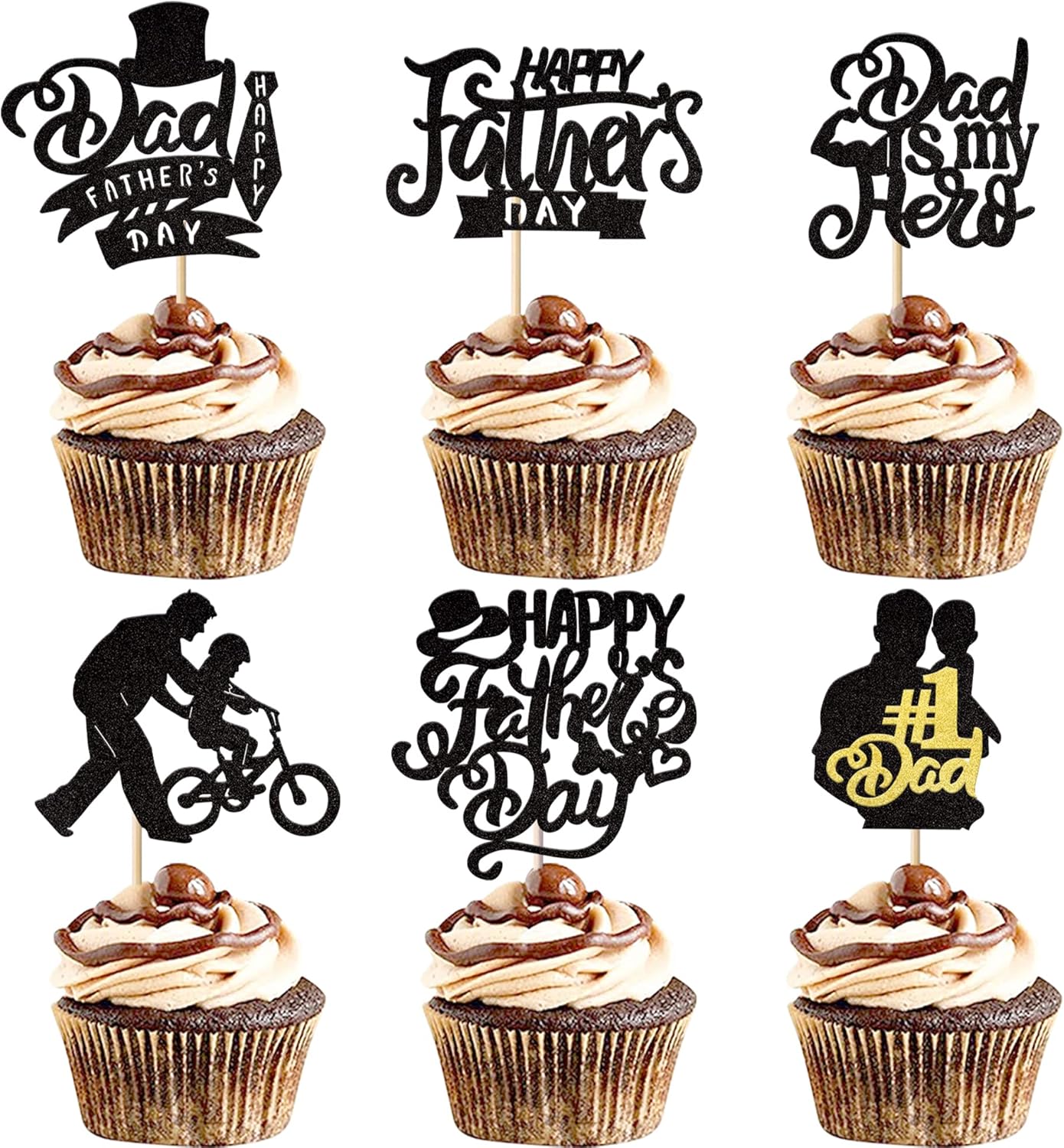 Rsstarxi 24 Pack Happy Father's Day Cupcake Toppers Glitter Dad is My Hero Cupcake Picks Best Dad Love Dad Cake decorations for Happy Father's Day Dad Birthday Party Supplies Black