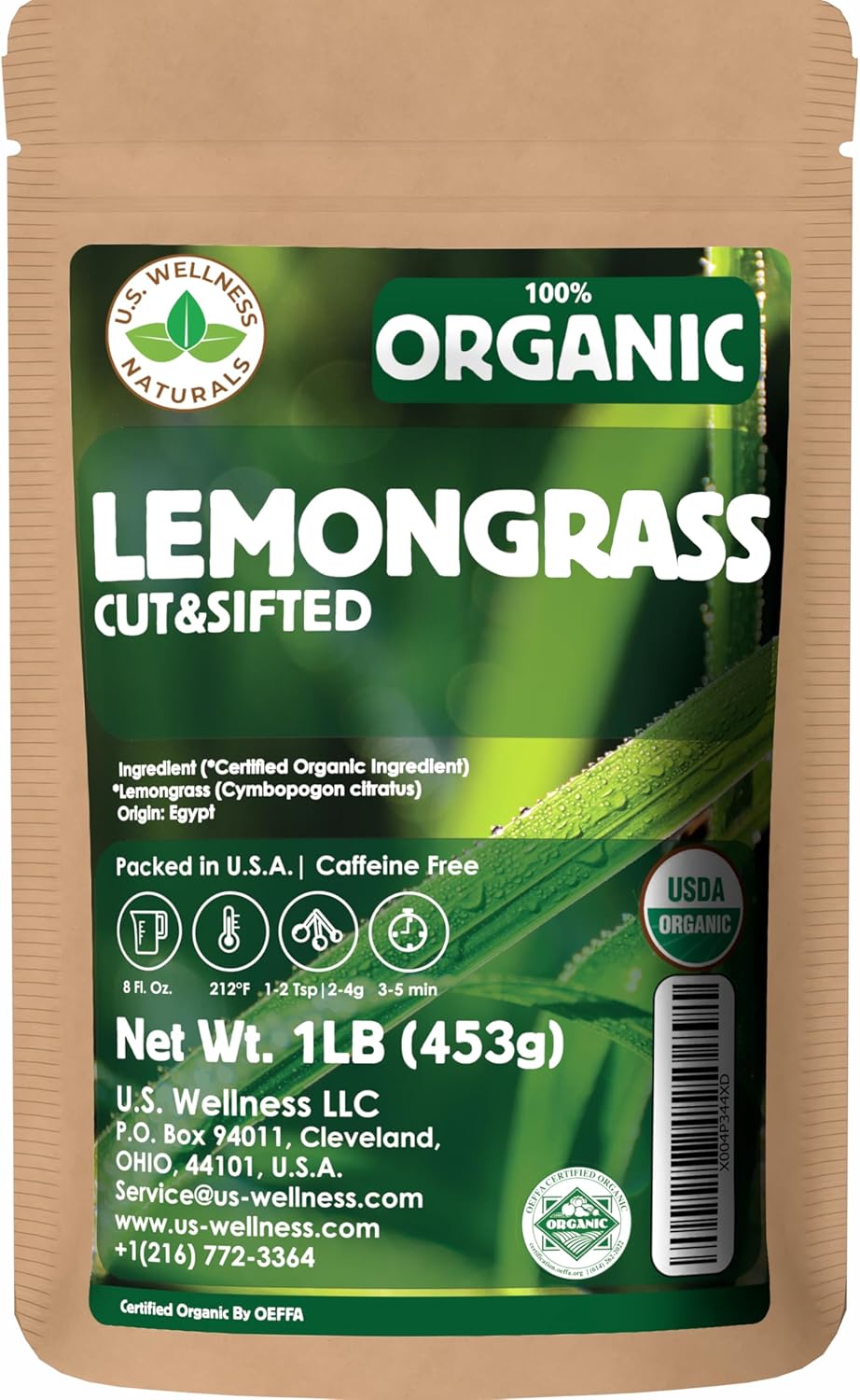 Lemongrass Tea 1 LB (16Oz) | 100% USDA Certified Organic |Cut and Sifted Loose Leaf LemonGrass Tea & Seasoning | Aroma Rich Egypt Lemongrass (cymbopogon citratus)| By U.S. Wellness Naturals