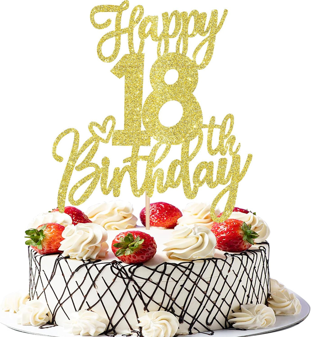 1 PCS Happy 18th Birthday Cake Topper Glitter Cheers to 18 Years Birthday Cake Pick Eighteen Hello 18 Fabulous Cake Decoration for Happy 18th Birthday Anniversary Party Decorations Supplies Gold