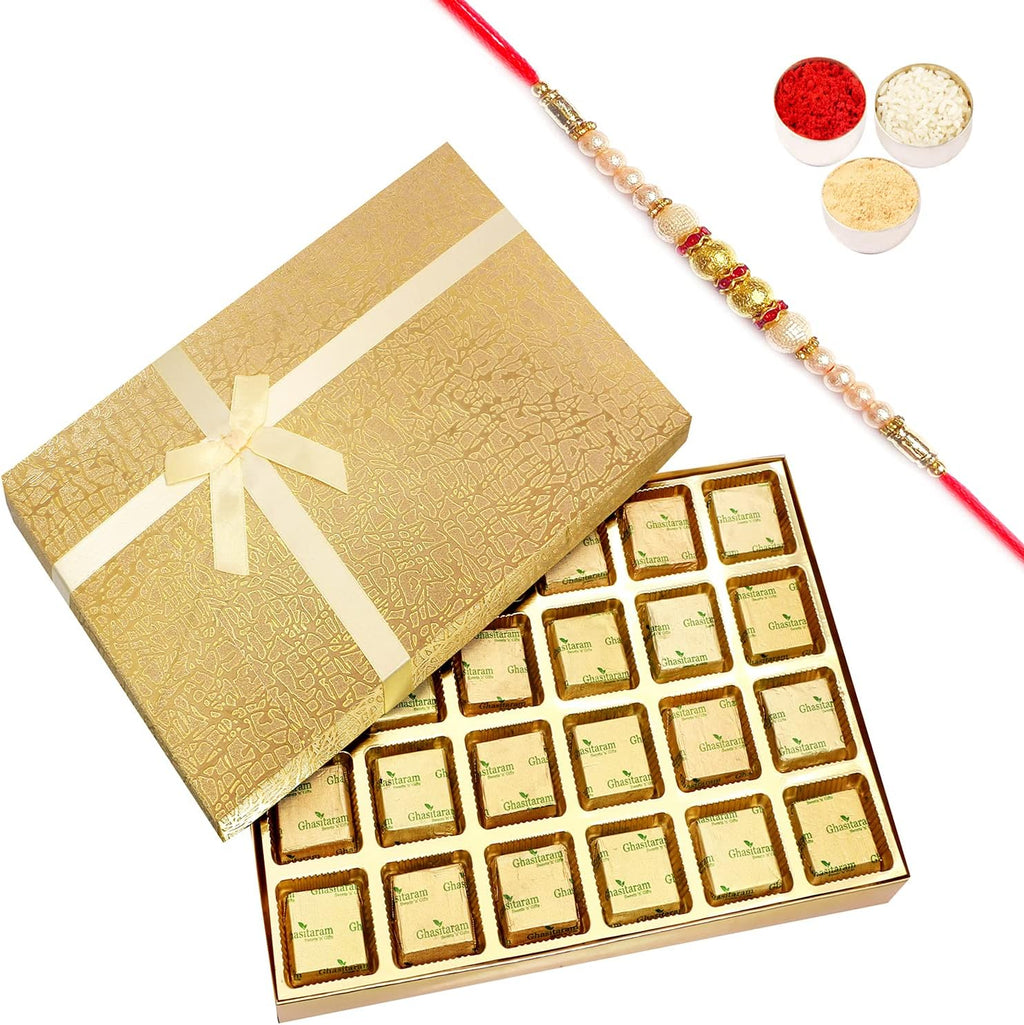 Ghasitaram Gifts Rakhi Gifts for Brothers Golden 24 pcs Assorted Sugafree Chocolate Box with Pearl Rakhi
