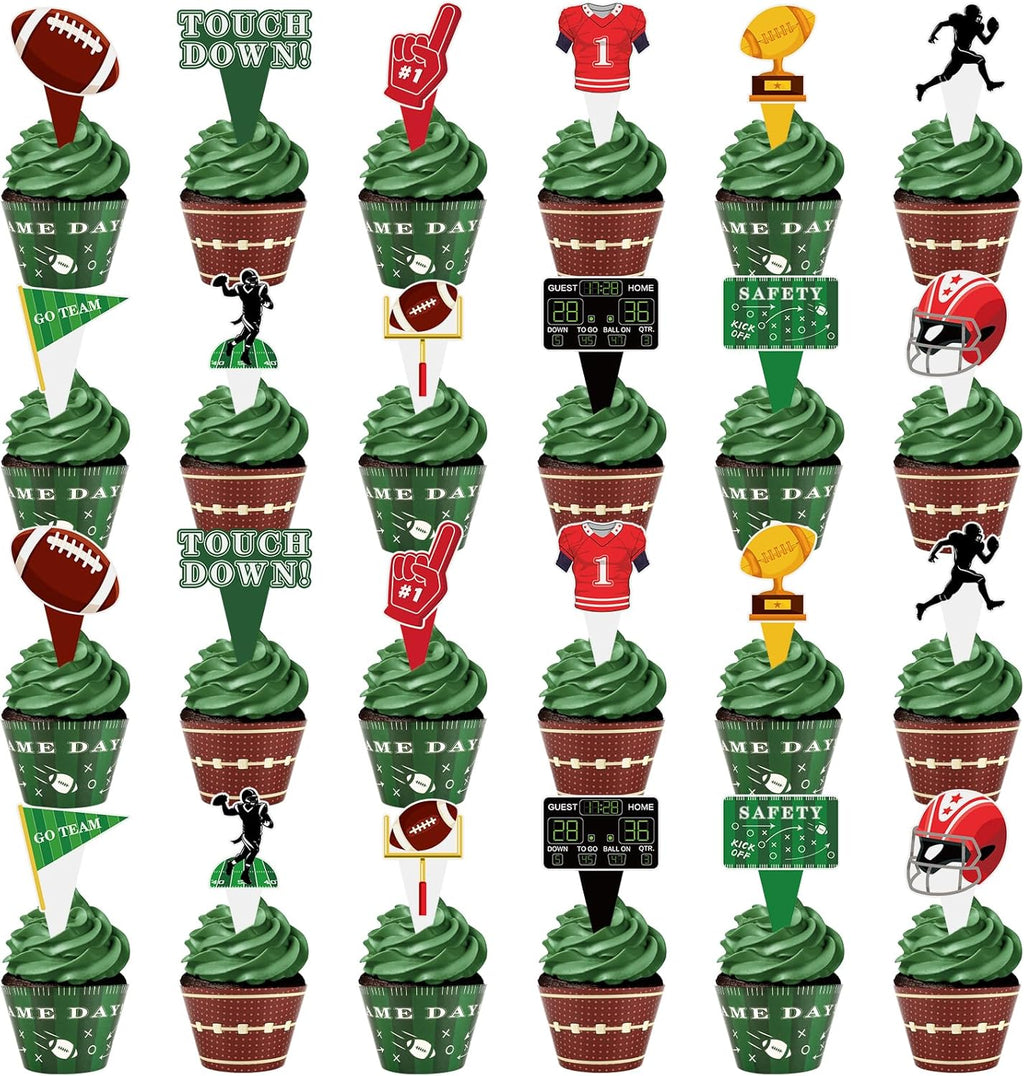 Hooqict 48 Pack Football Cupcake Toppers and Wrappers Football Cupcake Decorations Game Day Sunday Party Supplies for Sports Themed Birthday Party Decorations