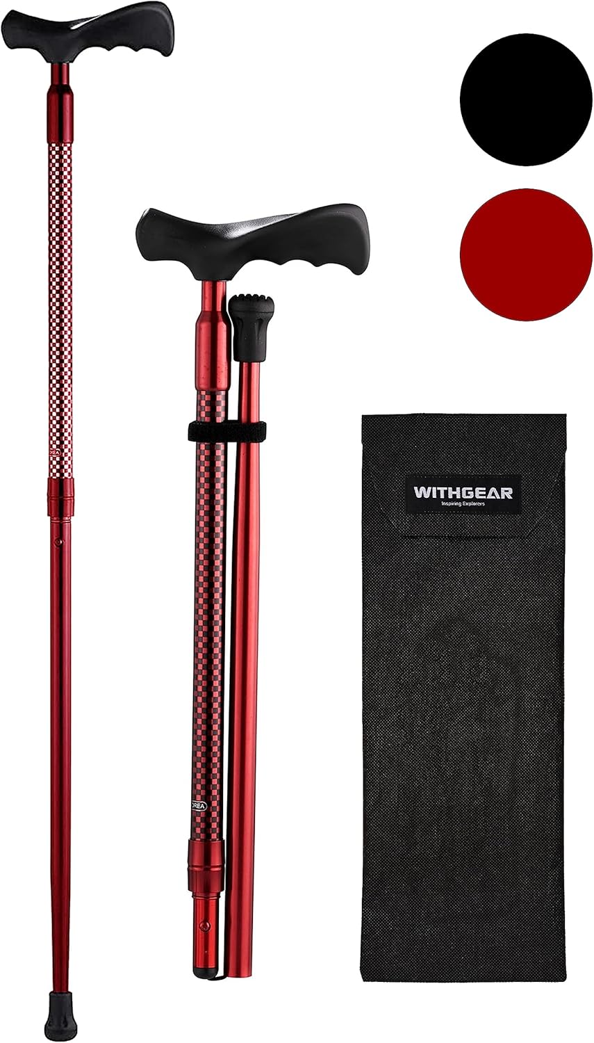 Ergonomic Walking Cane for Men & Women – Foldable & Adjustable Walking Stick with Lightweight Duralumin, Shock-Absorbing Lock (Right-Handed Grip, Burgundy)