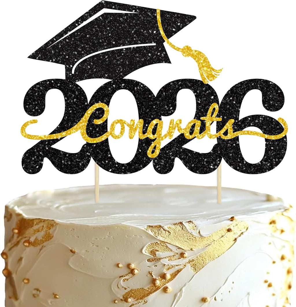 1 Pack Class of 2026 Cake Topper | Glitter Congrats Grad Cap Graduation Cake Pick for 2026 Graduation | High School Boys Girls Graduate Party Cake Decorations Supplies (Black & Gold)