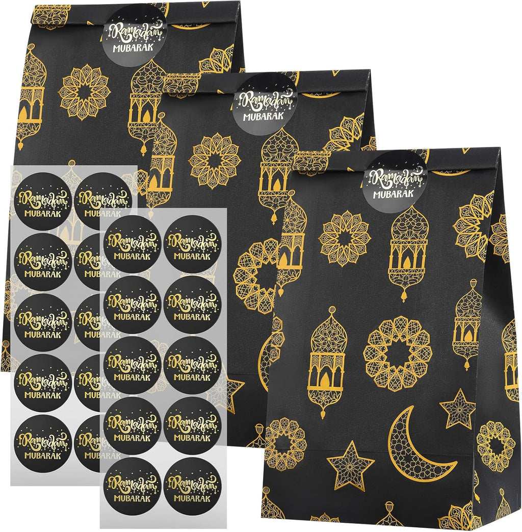 Saypacck 60 Pcs Eid Mubarak Gift Bags with Eid Stickers - Ramadan Party Favors - Black, 9.4 x 5.1 x 3.1 inches