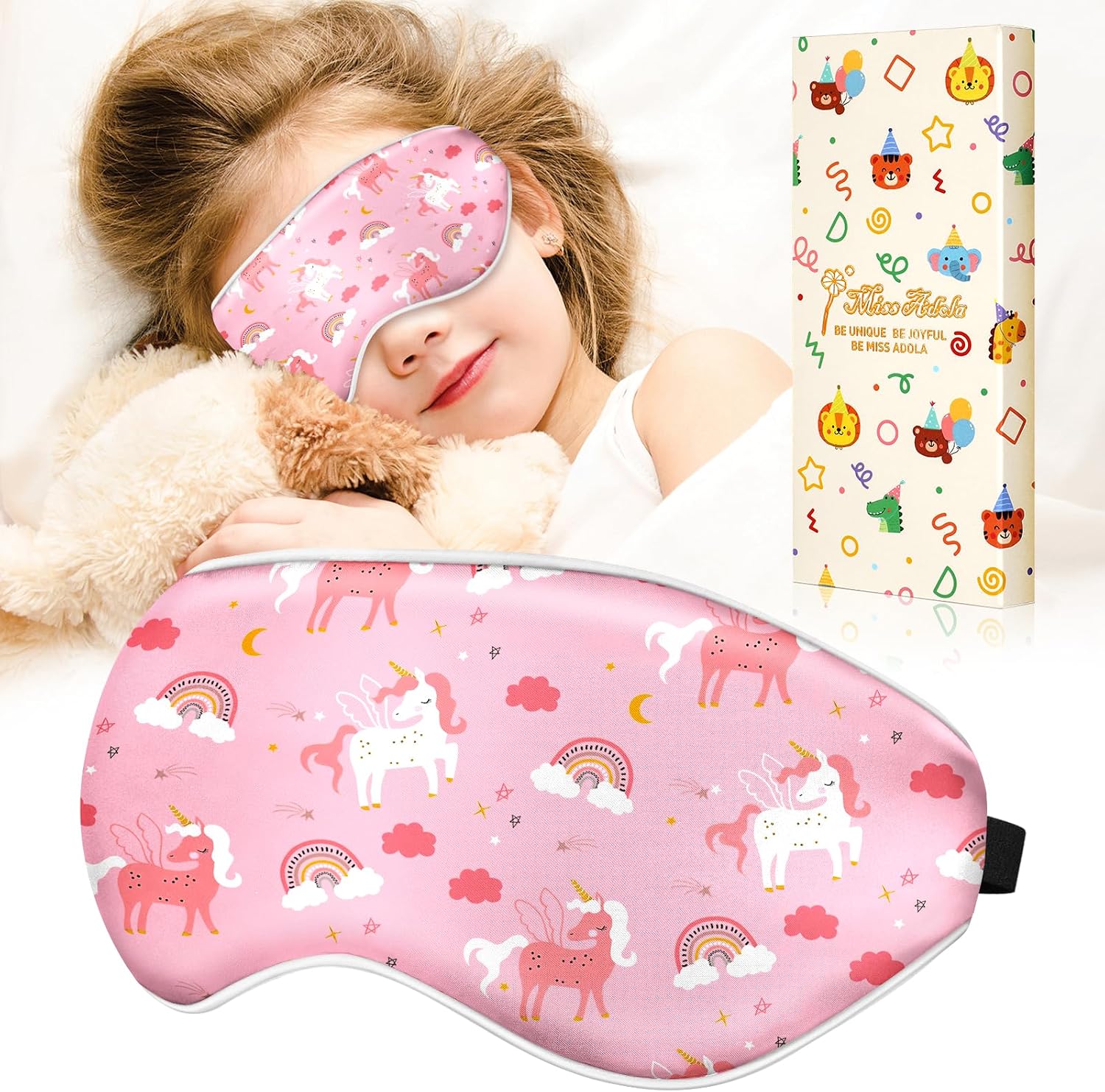 Miss Adola Sleep Mask for Kids - Silk Eye Mask for Sleeping Cute Cartoon Kids Sleep Mask for Boys Girls Teens Soft Smooth Adjustable Straps Silk Kids Eye Cover, PK Rainbow Unicorn