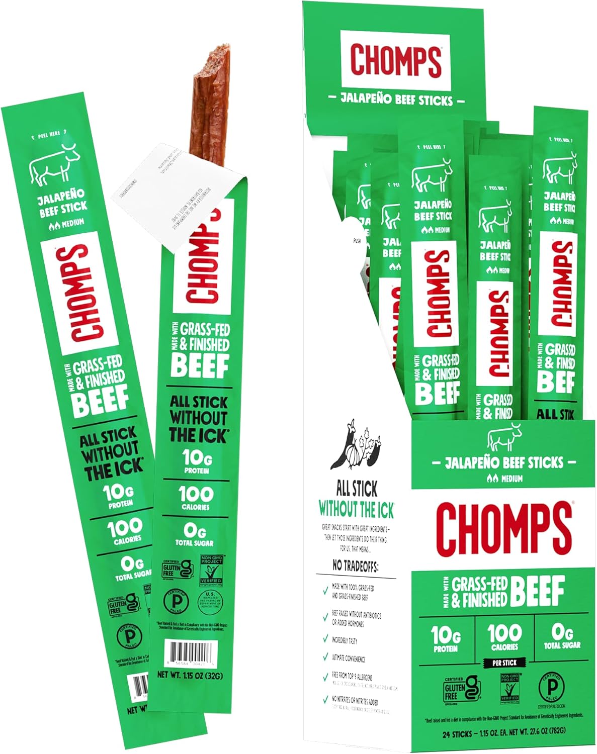 Chomps Grass-Fed and Finished Jalapeño Beef Jerky Snack Sticks 24-Pack - Keto, Paleo, Whole30, 10g Lean Meat Protein, Gluten-Free, Zero Sugar Food, Non-GMO