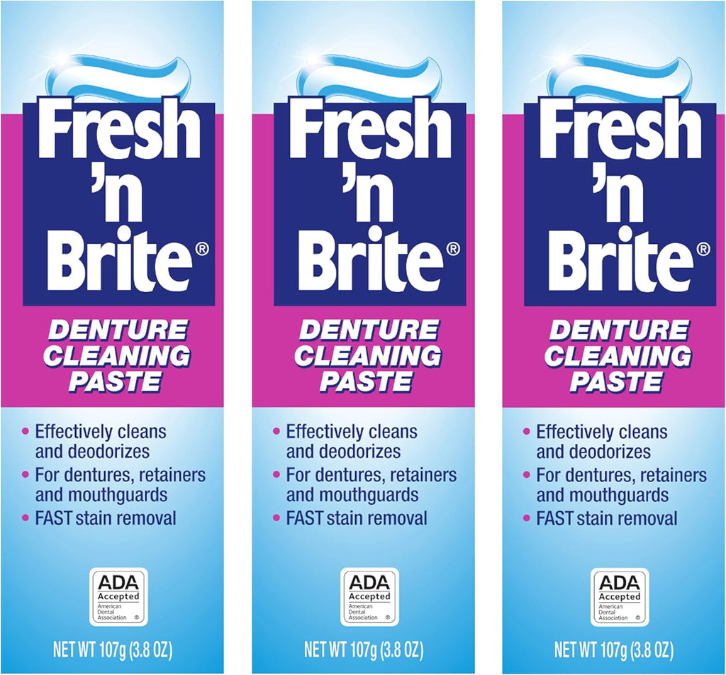 Fresh 'n Brite Denture Cleaning Paste For Dentures, Removable Partial Dentures, Retainers, Mouthguards, Nightguards, Fast Stain Removal, pack of 3, 3.8 oz Tubes