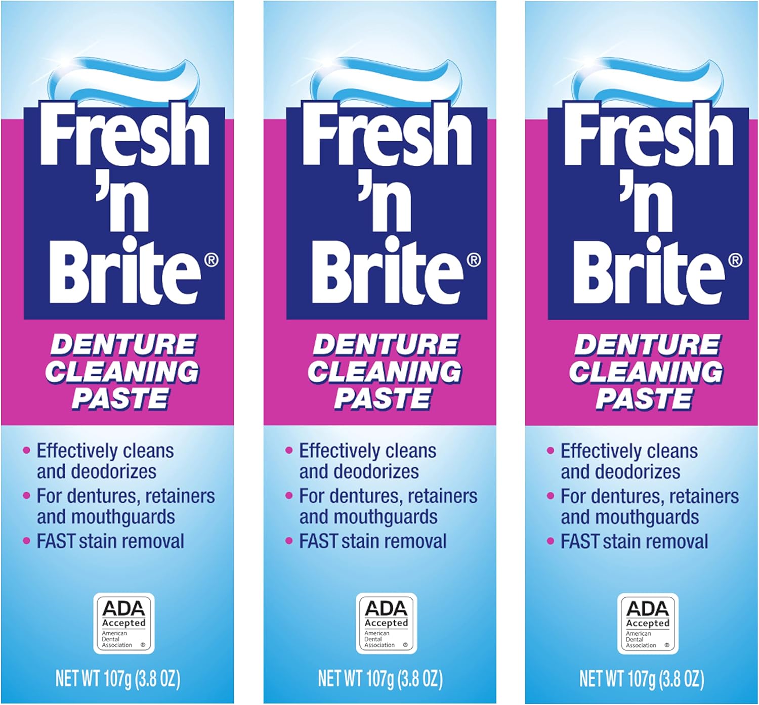 Fresh 'n Brite Denture Cleaning Paste For Dentures, Removable Partial Dentures, Retainers, Mouthguards, Nightguards, Fast Stain Removal, pack of 3, 3.8 oz Tubes