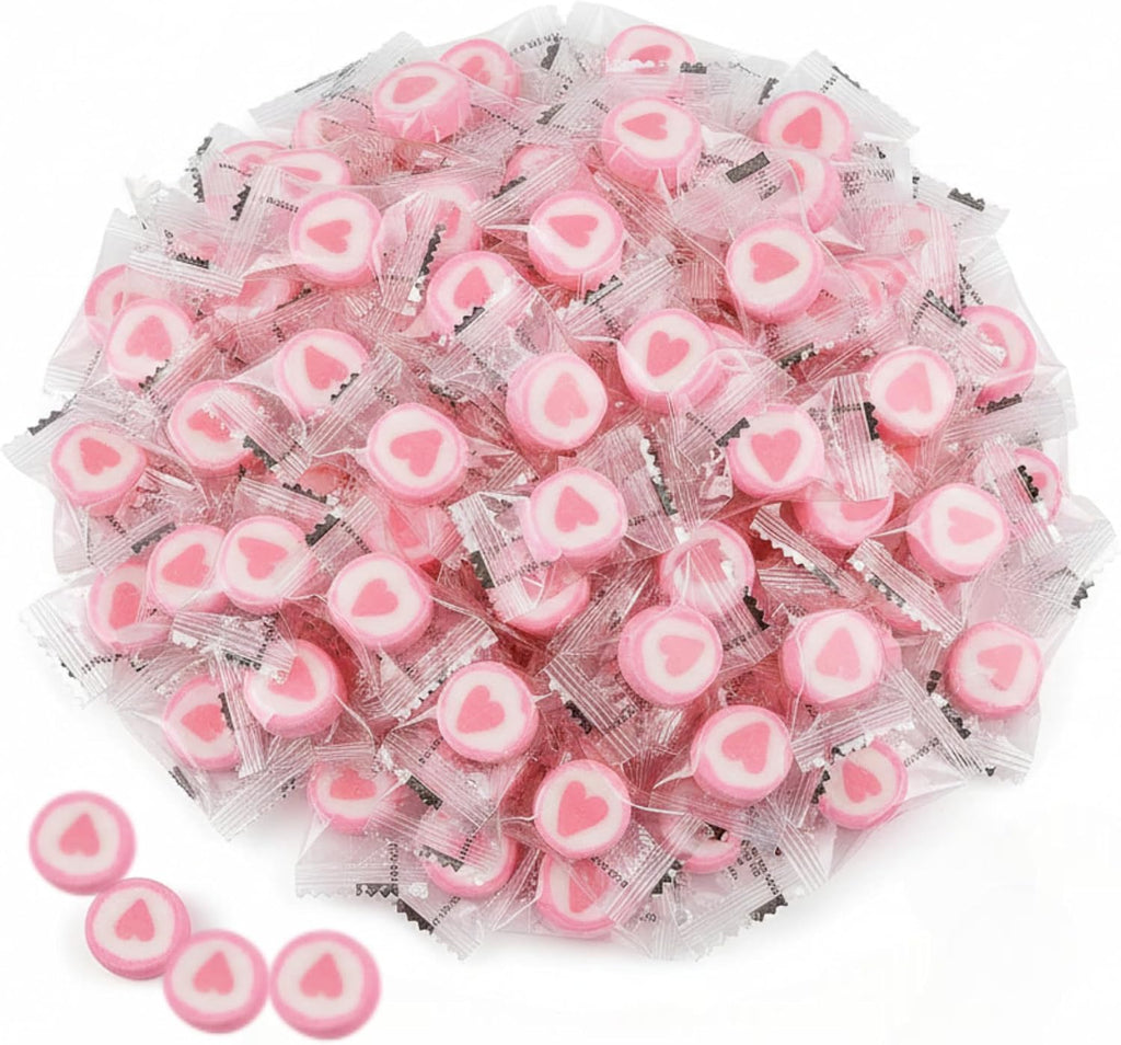 300pk Wedding Candy – 2 LB Pink Strawberry Hard Candy Individually Wrapped with Heart, Individually Wrapped Candy Bulk – Sweet Buffet Favors for Baby Showers, Valentines, Weddings (Strawberry)