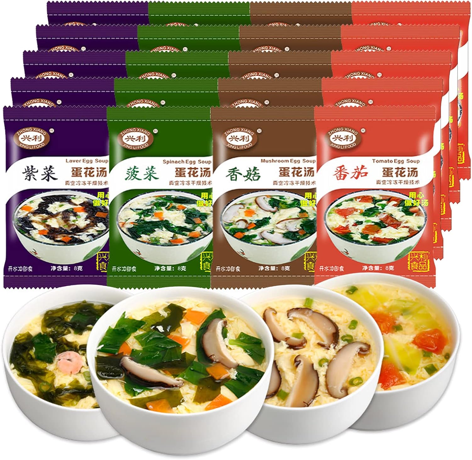 Egg Flower Soup Mix, Vegetable Mix Soup with 4 Flavors (Laver, Spinach, Mushroom, Tomato), 0.3 Ounce (20 Pack)