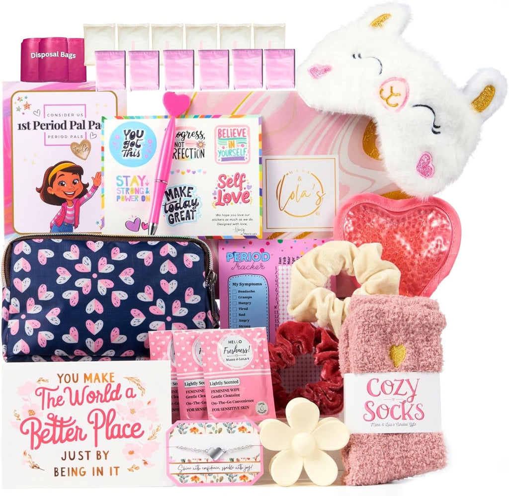 Mark and Lola’s First Period Pal Pack Gift Box | First Period Kit for Tweens & Teens | Pads, Panty Liners, Confidence-Boosting Essentials, First Period Gift Box & Discreet Bag (Hearts)