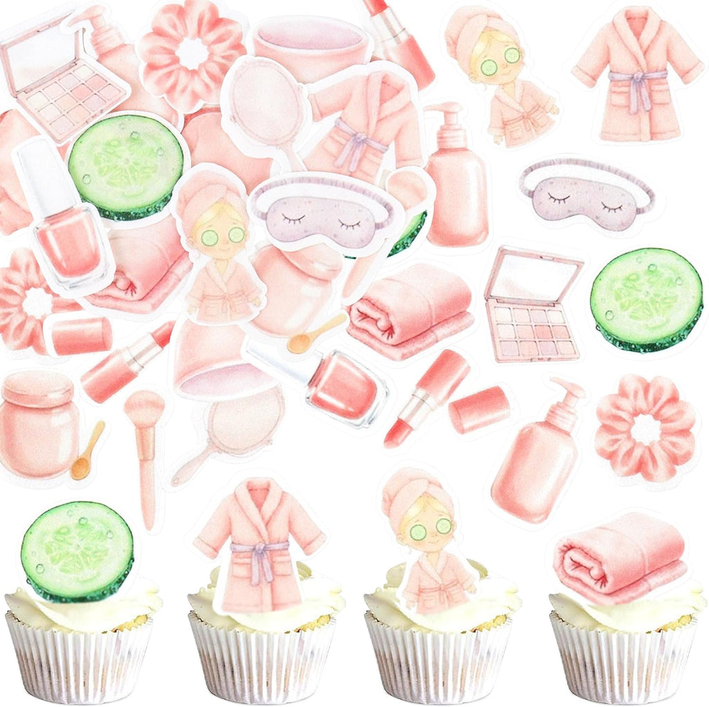 Ercadio 45 Pcs Edible Spa Party Cupcake Toppers Mask Slumber Cupcake Picks Pajamas Blindfold Lip Nail Polish for Spa Day Cupcake Decor Makeup Spa Party Supplies Birthday Party Favors Cake Decoration