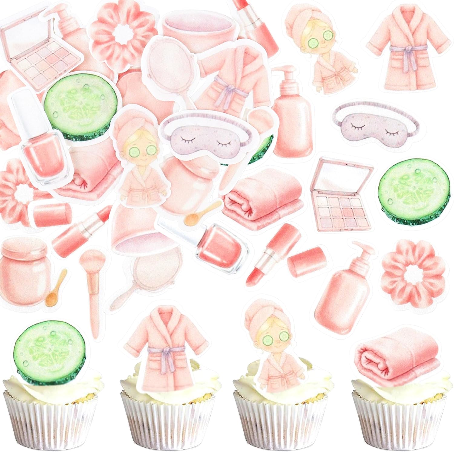Ercadio 45 Pcs Edible Spa Party Cupcake Toppers Mask Slumber Cupcake Picks Pajamas Blindfold Lip Nail Polish for Spa Day Cupcake Decor Makeup Spa Party Supplies Birthday Party Favors Cake Decoration