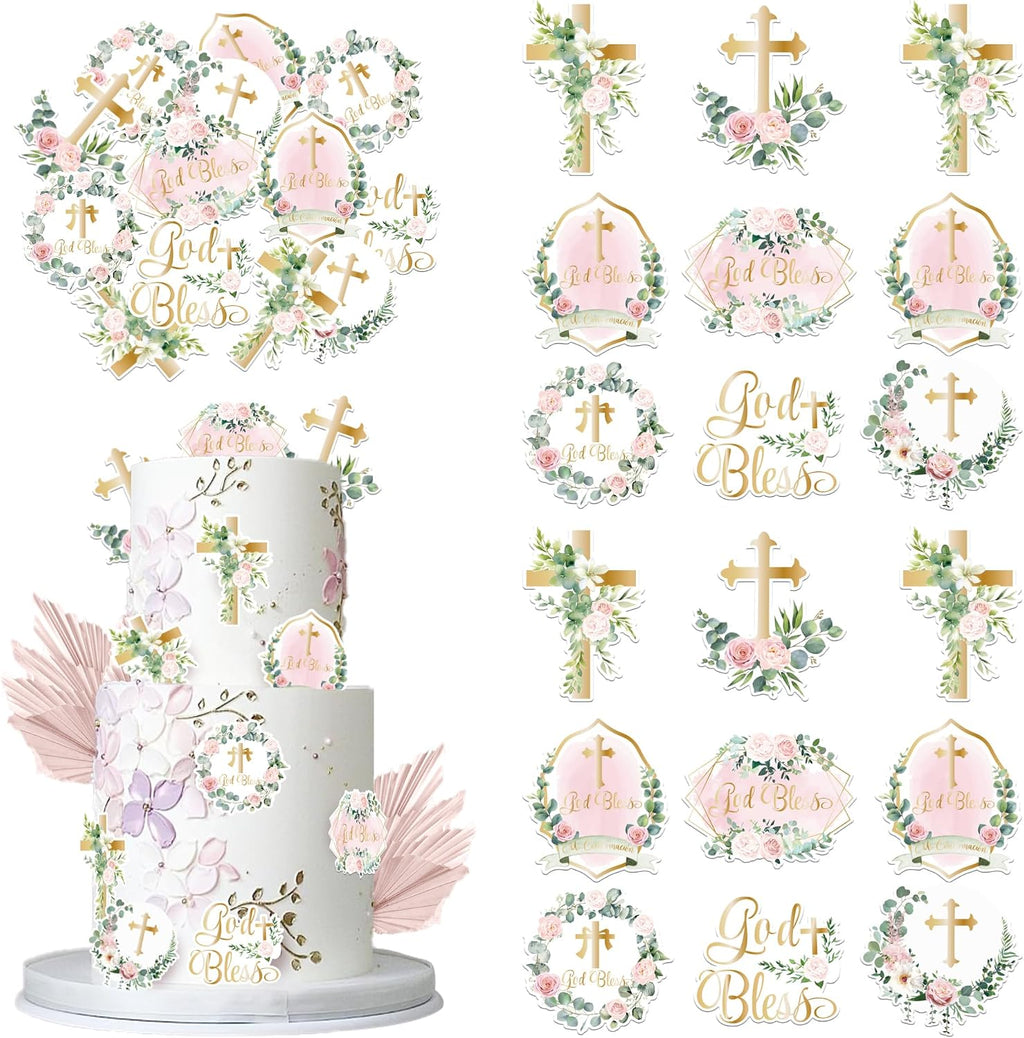 Rsstarxi 60 Pack Edible Pink Floral God Bless Cupcake Toppers Edible Baptism Cake Decorations Christian Cupcake Picks for Baby Shower Girls Gender Reveal Religious Party Decorations