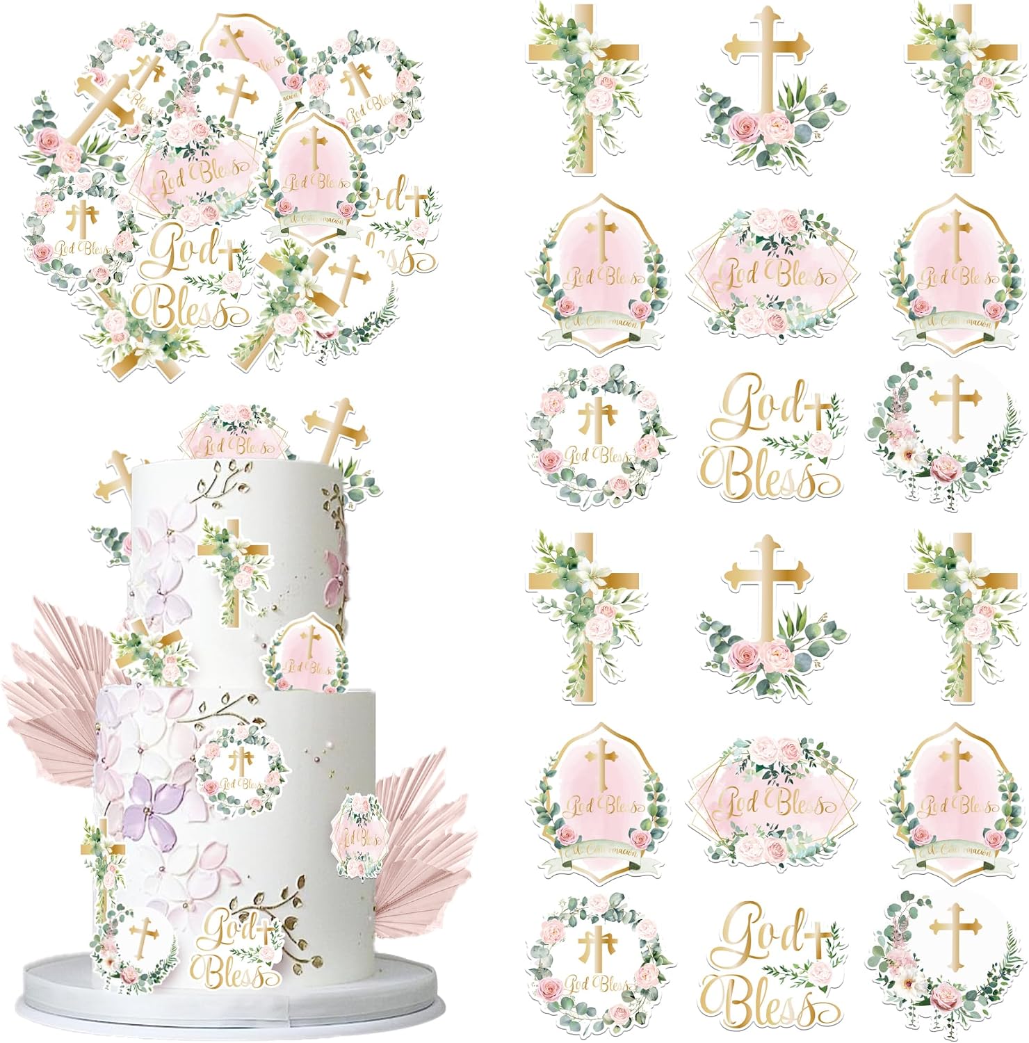 Rsstarxi 60 Pack Edible Pink Floral God Bless Cupcake Toppers Edible Baptism Cake Decorations Christian Cupcake Picks for Baby Shower Girls Gender Reveal Religious Party Decorations