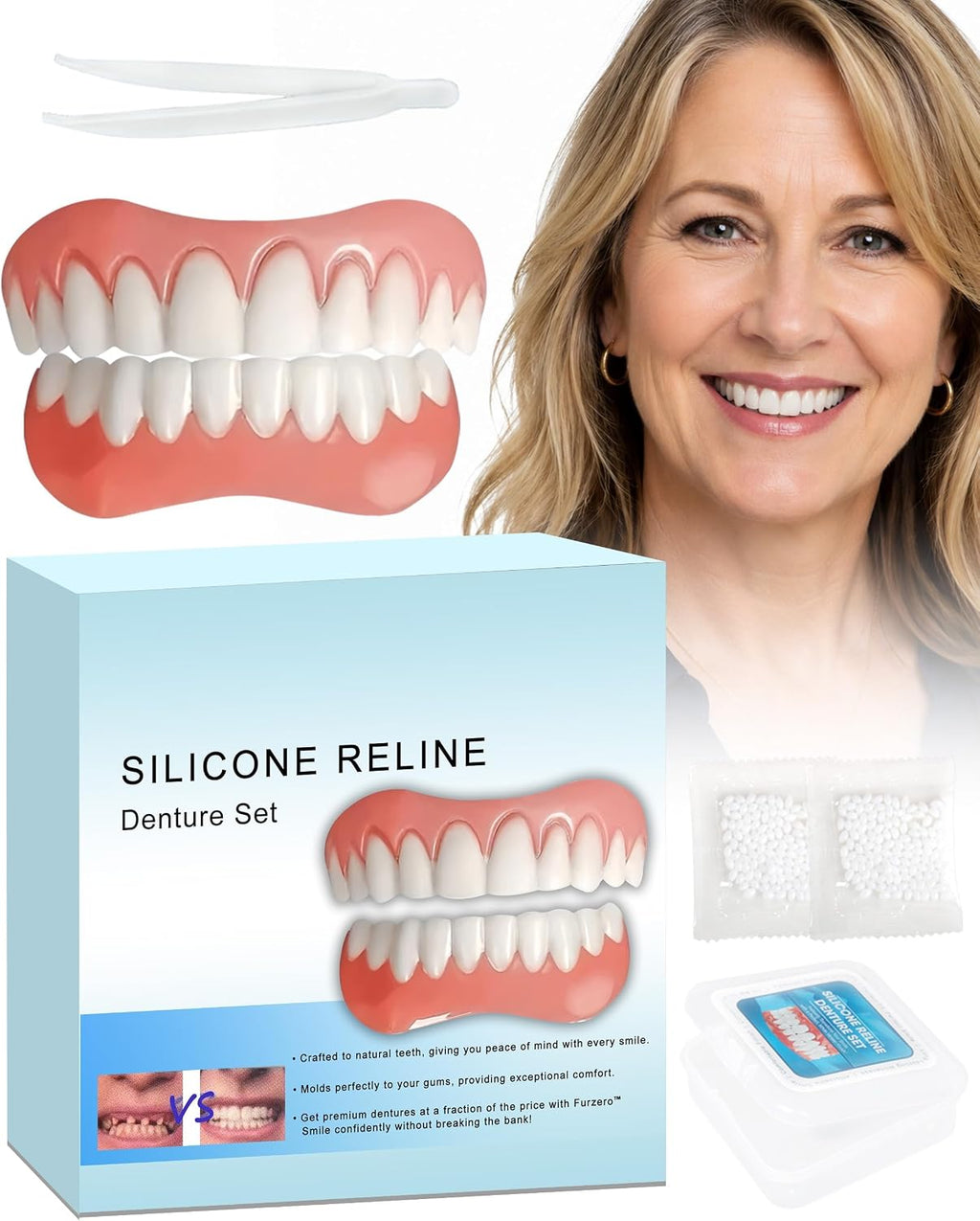 Moldable False Teeth - Silicone Dentures - Men and Veneers Teeth for Women - Upper and Lower Matching Set, Convenient and Quick, Suitable for Daily, Party - 1PCS - PR9