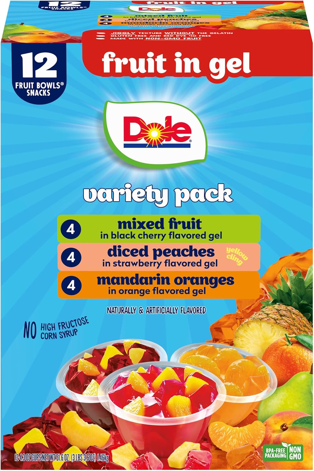 Dole Diced Peaches, Mandarin Oranges, and Mixed Fruit in Gel Variety Pack - Dole Fruit Bowls Snacks - 4.3 oz Fruit Bowls - 12 Pack