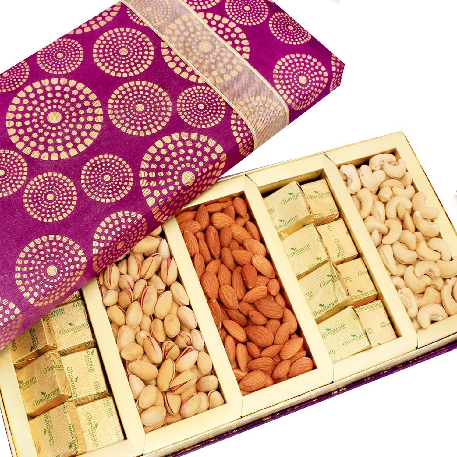 Ghasitaram Gifts Diwali Gifts - Dryfruits - Satin 5 Part Dryfruit and Chocolate Box Hamper