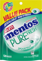 Mentos Pure Fresh Sugar-Free Chewing Gum with Xylitol, Spearmint, 120 Piece Bulk Resealable Bag (Pack of 1)