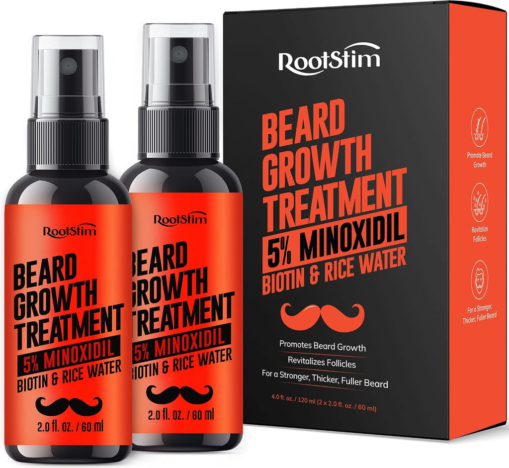 5% Minoxidil Beard Growth Serum for Men: 2-Pack Minoxidil Hair Regrowth Spray with Biotin & Rice Water - Extra Strength Beard Oil for Faster Thicker and Fuller Beard Growth - 4.06 Fl Oz