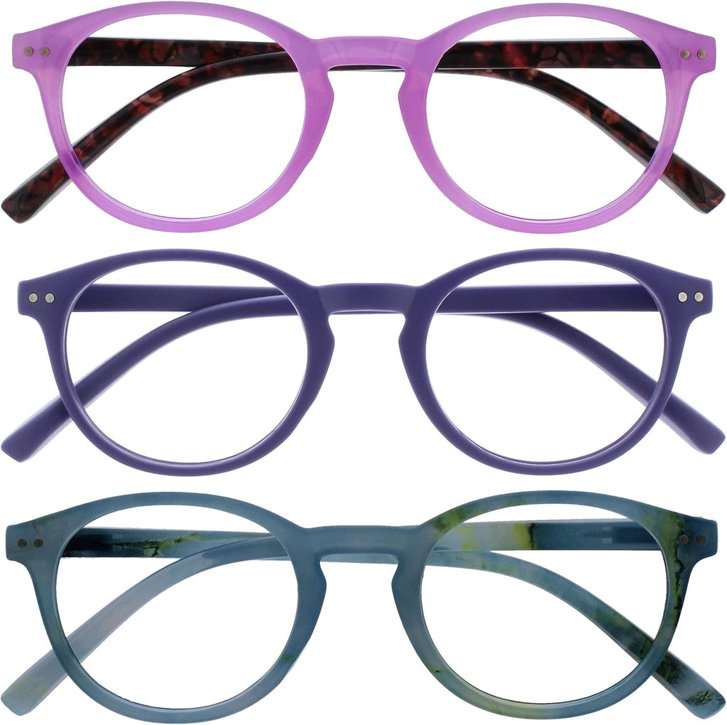 OPULIZE ZEN Reading glasses for Women Men,Scratch Resistant Round frame with Spring Hinges, Pink,Purple,Turquoise Blue +2 (Pack of 3)