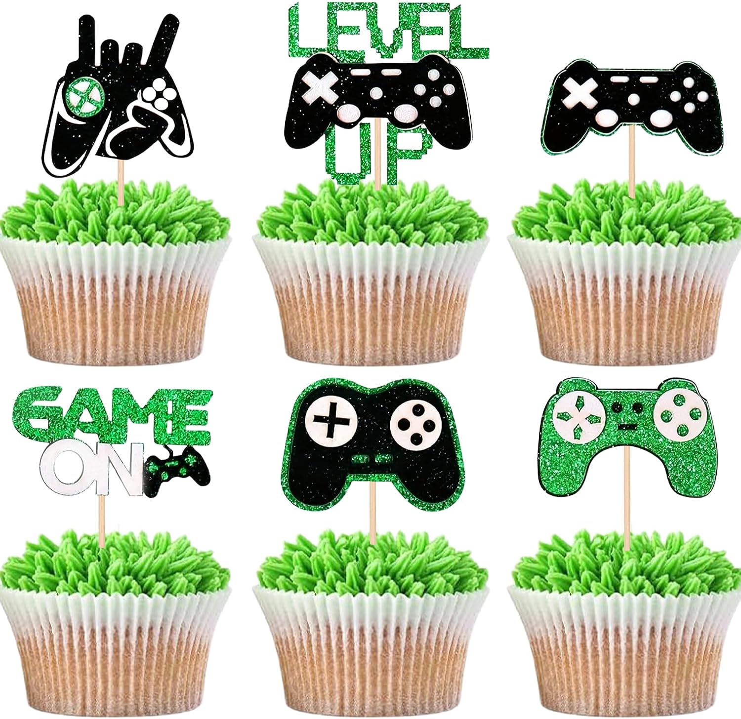 12 PCS Video Game Controllers Cupcake Toppers Glitter Black Green Cake Picks for Baby Shower Game Theme Birthday Party Cupcake Decorations Supplies