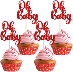 Gyufise 36Pcs Oh Baby Cupcake Toppers Glitter Baby Shower Cupcake Picks for Gender Reveal Baby Shower Kids Boys Girls Birthday Party Cake Decorations Supplies Red
