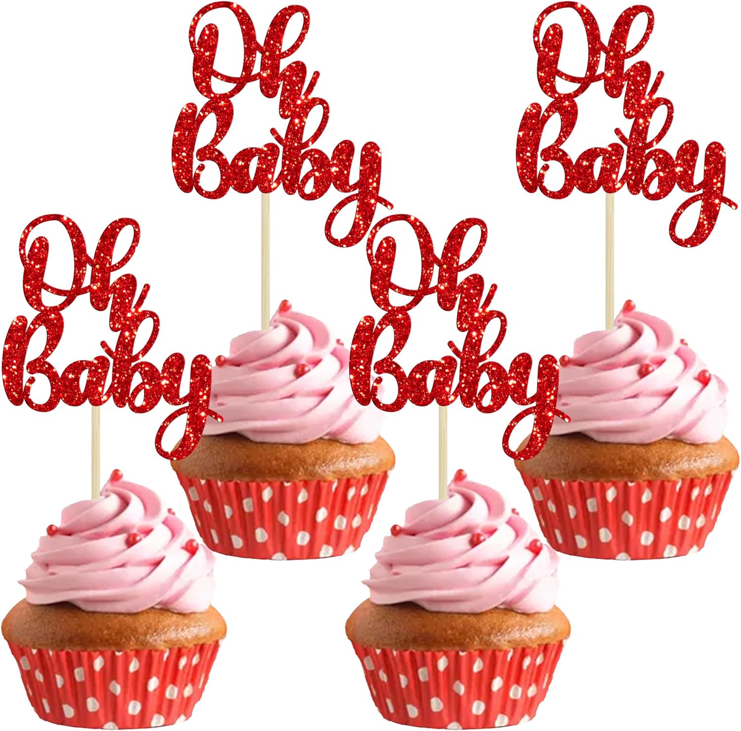 Gyufise 36Pcs Oh Baby Cupcake Toppers Glitter Baby Shower Cupcake Picks for Gender Reveal Baby Shower Kids Boys Girls Birthday Party Cake Decorations Supplies Red