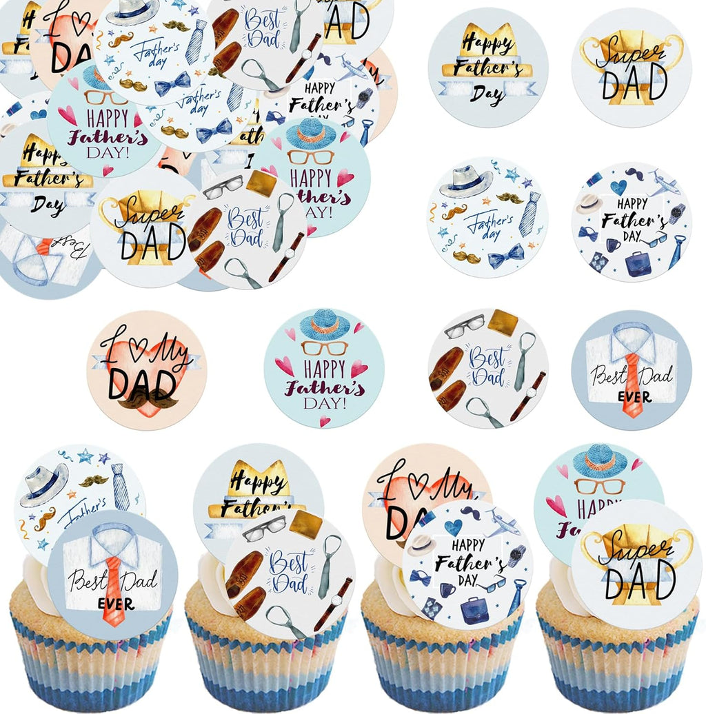 36pcs Edible Happy Father's Day Cupcake Toppers Wafer Paper Happy Fathers Day Cake Toppers Edible Best Dad Ever Cupcake Picks for Father Day Theme Birthday Party Cake Decorations