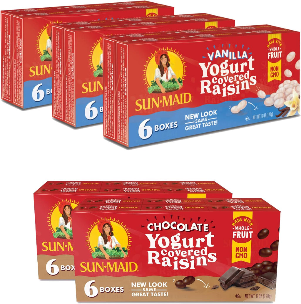 Sun-Maid • Yogurt Raisins Variety Pack (Pack Of 30), Vanilla (Pack Of 18), Chocolate (Pack Of 12), Dried Fruit, Non-GMO, Healthy Lunch Box Snack