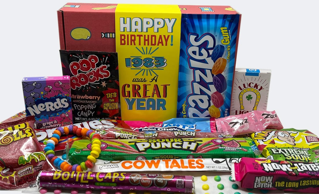 RETRO CANDY YUM ~ 1983 43rd Birthday Nostalgic Candy Gift Basket Box Assortment from Childhood for 43 Year Old Man or Woman Born 1983 Jr