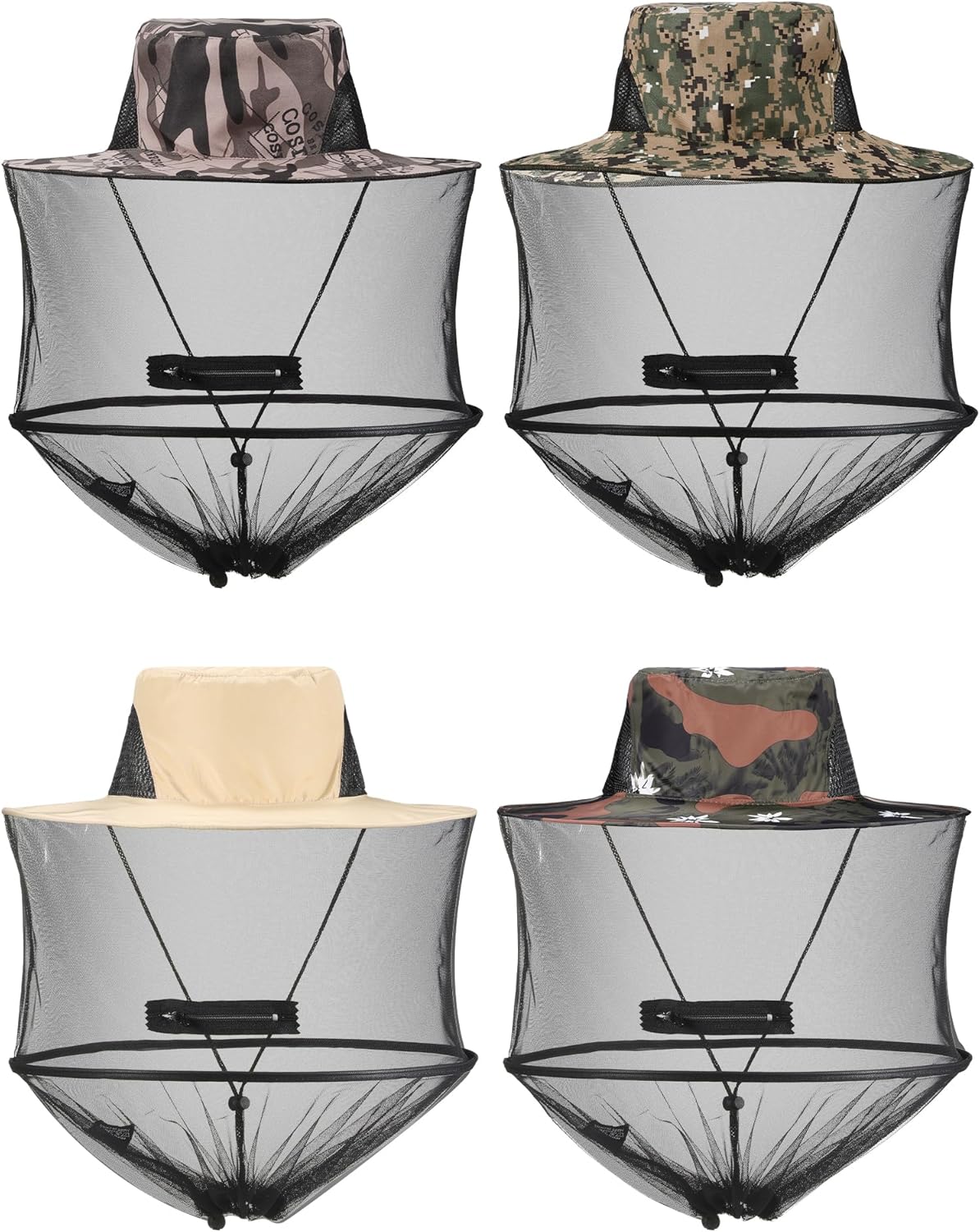 4 Pieces Mosquito Net Hat Mesh Sun Bug Face Hat Cover with Zipper Foldable Fly Protection Net Mesh for Fishing Hiking Gardening, 4 Colors