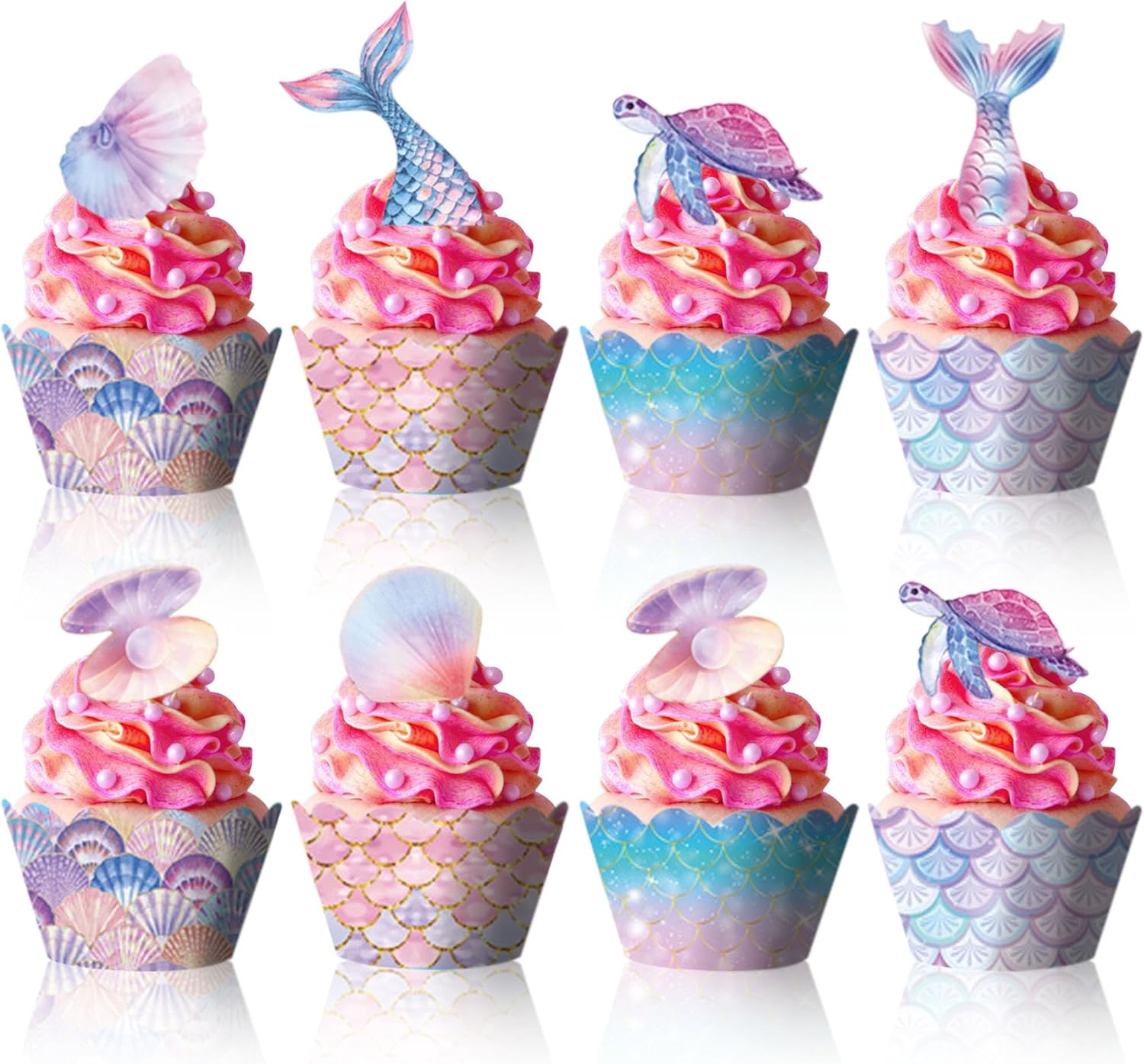 48 PCS Mermaid Cupcake Toppers and Wrappers, Mermaid Cupcake Liners, Glitter Ocean Theme Cake Toppers for Under The Sea Themed Birthday Baby Shower Party Decoration Supplies