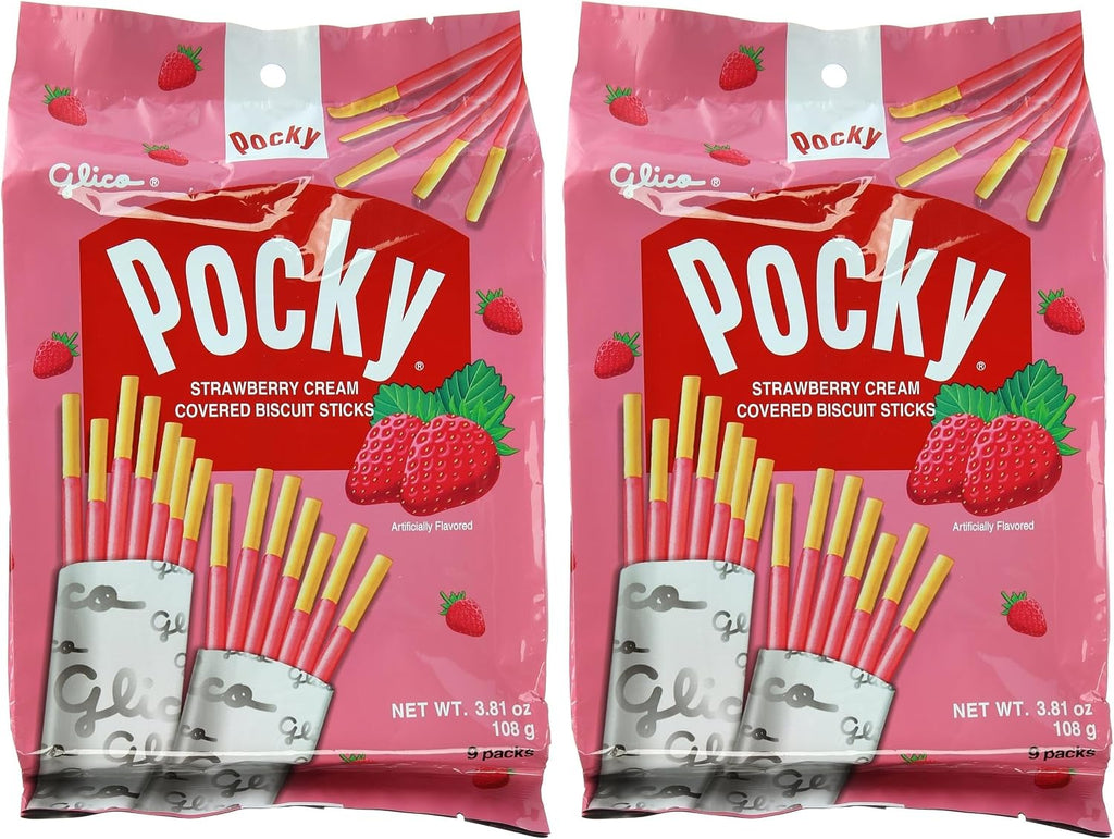 Glico Pocky, Strawberry Cream Covered Biscuit Sticks (9 Individual Bags), 3.81 oz (Pack of 2)