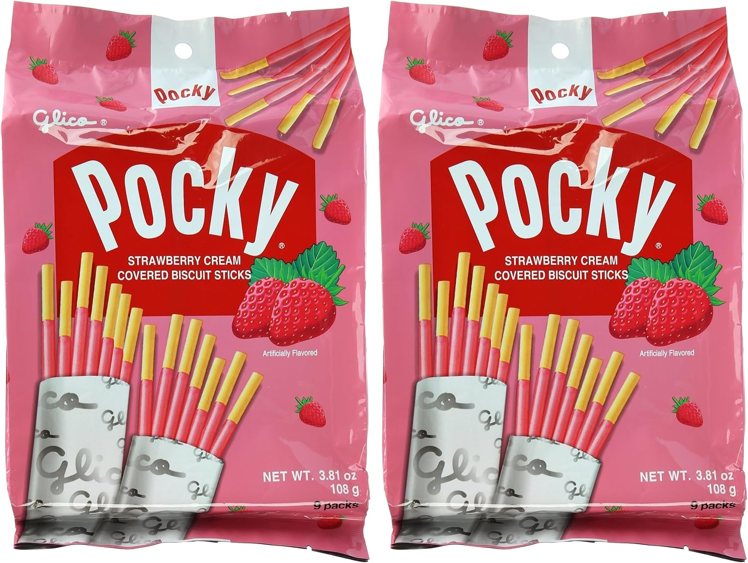 Glico Pocky, Strawberry Cream Covered Biscuit Sticks (9 Individual Bags), 3.81 oz (Pack of 2)