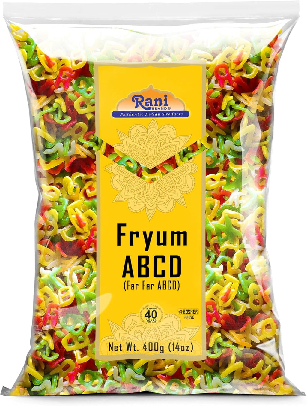 Rani Far Far / Fryums (Wheat & Tapioca Pellet) ABCD Shape 14oz (400g) ~ Vegan, Kosher, Uncooked, Used to Make Papad, Bhungra / Chip Snack