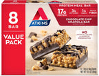 Atkins Chocolate Chip Granola Protein Meal Bar, High Fiber, 17g Protein, 1g Sugar, 3g Net Carbs, Meal Replacement, Keto Friendly, 8 Count