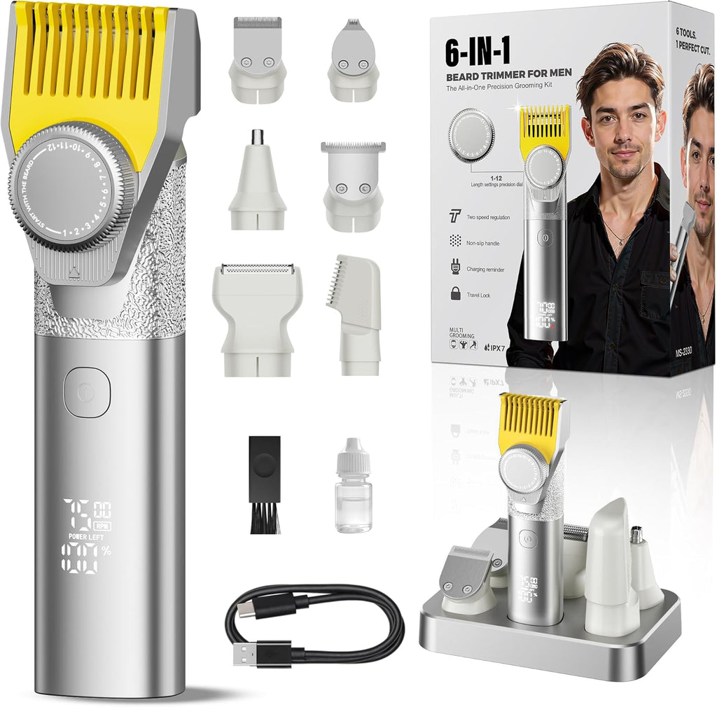 Prettywill Beard Trimmer for Men,with Adjustable Limiting Comb, Travel Lock IPX7 Waterproof, 2-Speed Settings, 6-in-1 Multi-Accessories Kit,Gifts for Men Husband Father,Silver&Yellow